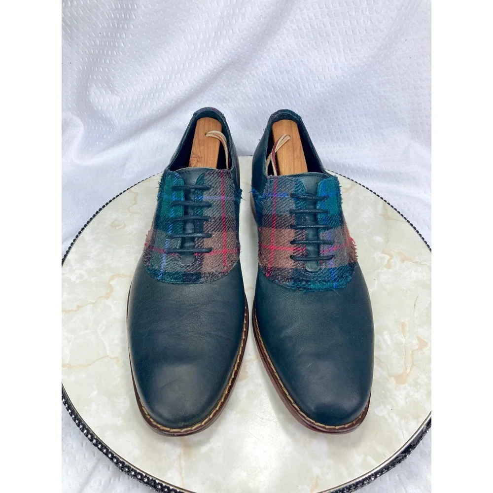 Cole Haan Plaid Wool Leather Oxford Dress Shoes Mens 8.5 Navy Academia Preppy